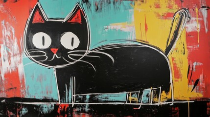 Obraz premium funny cat, unique graffiti oil painting artful illustration with grungy texture, expressive funky graffiti 