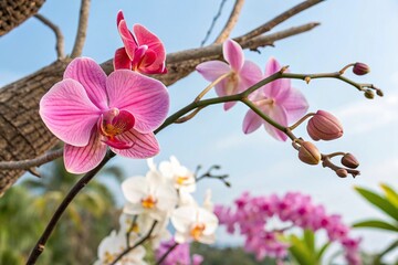 Fototapeta premium Pink orchid on a branch with other tropical flowers, tropical flowers, lush greenery, hibiscus type orchid