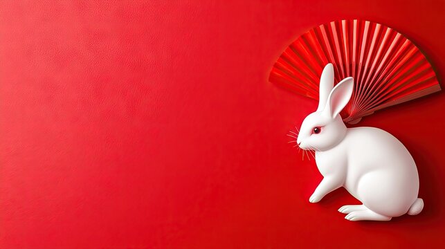 Elegant white rabbit with red fan in minimalist setting captures the spirit of Chinese New Year celebration