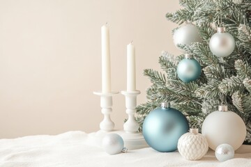Elegant christmas scene with white and blue ornaments on a frosted tree.