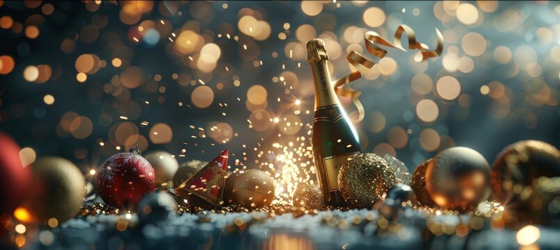 Celebrating new year with popping champagne, golden streamers, and festive party treats