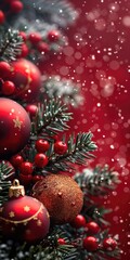 Decorative Christmas ornaments on a festive tree with a vibrant red background