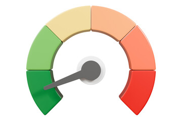 3d Speedometer icon. Minimal Status Speedometer with arrow scale gauge. Green, Yellow, Orange, Red Status color or low, medium, high arrow scale performance status icon. Credit rating score. 3d render