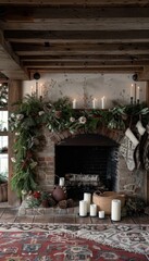 Obraz premium Charming holiday fireplace mantle adorned with candles, pinecones, and holly for cozy ambiance