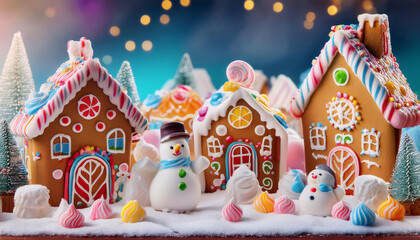 Naklejka premium A whimsical gingerbread village with snowmen and candy canes, bathed in warm holiday lights. Generative AI