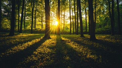 Fototapeta premium Sunlight filtering through tall forest trees casting shadows on ground