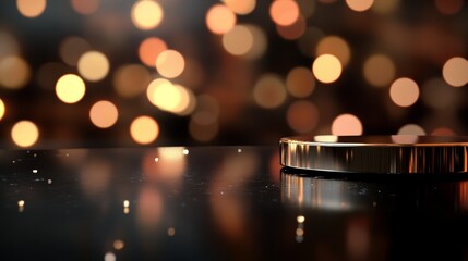 round gold stage showcase platform with shimmering bokeh light background