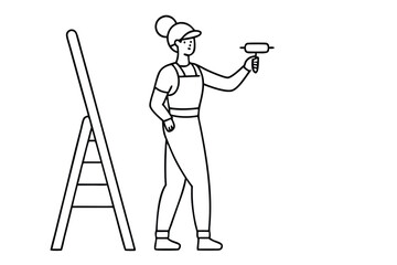 Repairwoman working with ladder line art vector illustration