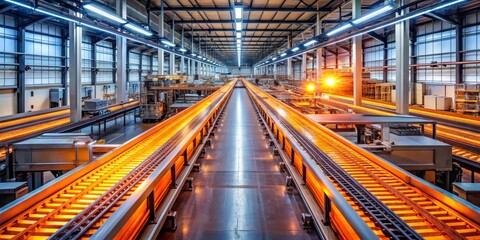Fototapeta premium Industrial Conveyor Belt in a Factory with Glowing Orange Tracks - A Symmetrical View of Modern Manufacturing