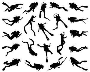 Black silhouette of divers on a white background