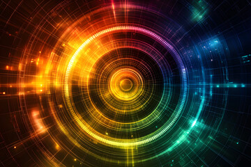 Obraz premium Vibrant circular digital spectrum with radiant rainbow colors and futuristic glowing effects, ideal for technology themes, innovation, and abstract digital designs