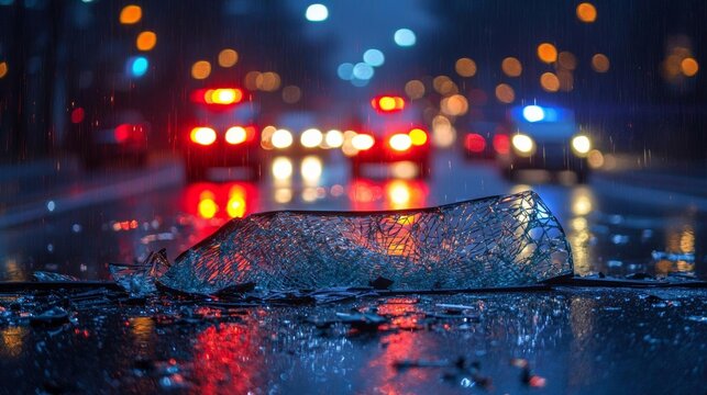 Inside shot of broken car windshield glass with police lights in the background. Car accident concept , isolated on white background,  , copy space, copy space for text,