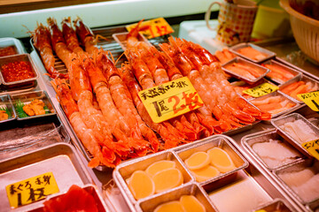 Aomori Gyosai Center fish market, Sashimi seafood, Aomori Nokke don with salmon, akami, chutoro, otoro, octopus, sweet shrimp or uni. local japanese food. freshness meal, travel destination.