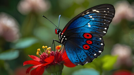  A striking Blue Moon butterfly (Hypolimnas bolina) perched gracefully on a vibrant red flower. Ai