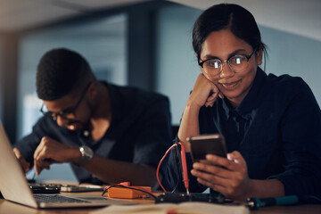 Woman, technician and phone for repair circuit at night, tech support and reflection on...