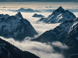 Obraz premium Snowy mountain peaks pierce a vibrant sunrise sky, a breathtaking winter panorama