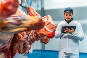 Woman using tablet in a meat processing factory