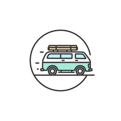 A vintage van with luggage on top, depicted in motion, symbolizes a road trip adventure. The icon's minimalist design and vibrant colors evoke a sense of travel and exploration