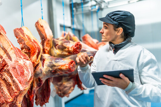 Butcher using technology in a innovative meat processing factory - Powered by Adobe