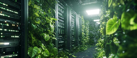 Futuristic Server Room with Plants - AI generated illustration