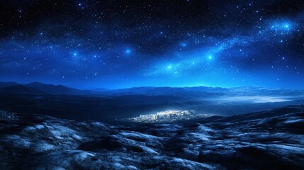 Fototapeta premium Starry Night Sky Over Snow-Covered Mountains and Lake