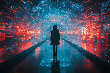 E-commerce leaders unveiling a new strategy on a futuristic stage with holograms.