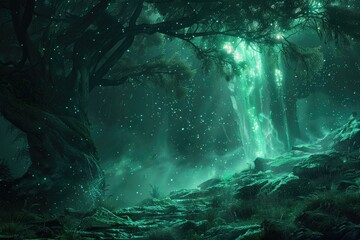 A Mystical Forest Illuminated by a Glowing Waterfall