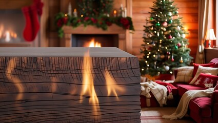 Wooden Table with Christmas and New Year Backdrop