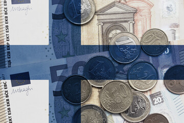 colourful national flag of finland on a euro money banknotes and coins background. finance concept.