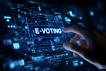 Futuristic e-voting concept with a glowing interface showcasing digital voting technology, blockchain security, online elections, and advanced technology for secure voting systems
