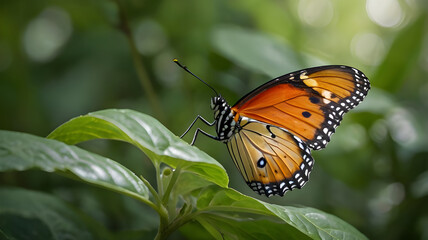 Fototapeta premium A graceful Queen butterfly (Danaus gilippus) perched on a fresh green leaf. Ai