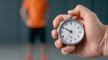 A hand holding a stopwatch, tracking time during a physical training session.