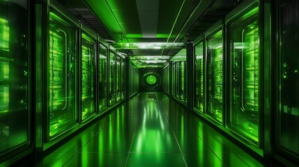 Fototapeta premium Futuristic Green Data Center with Glowing Machines - AI generated illustration