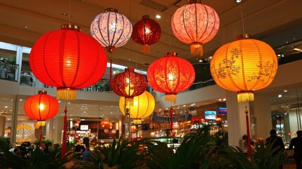 Vibrant Chinese Lanterns Illuminating a Festive Indoor Scene