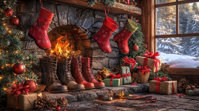 As fire crackles shoes are neatly arranged fireplace eagerly waiting treats St. Nicholas Day surrounded colorful gifts and holiday cheer.