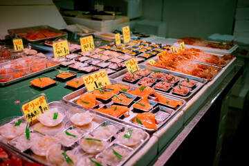 Aomori Gyosai Center fish market, Sashimi seafood, Aomori Nokke don with salmon, akami, chutoro, otoro, octopus, sweet shrimp or uni. local japanese food. freshness meal, travel destination.