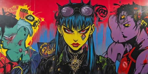 punk bizarre spray paint graffiti pop style artwork, cool woman 