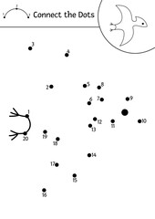 Vector black and white dot-to-dot and color activity with pterosaur. Dinosaur connect the dots game, coloring page. What join the dot printable worksheet with pterodactyl. Prehistoric line puzzle