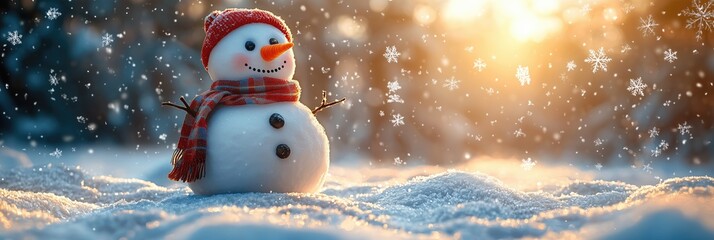 A cheerful snowman standing proudly under the broad daylight