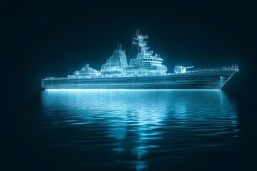 Fototapeta premium A futuristic digital blueprint of a battleship over calm waters, glowing in neon blue light, representing advanced naval technology and innovation in marine engineering