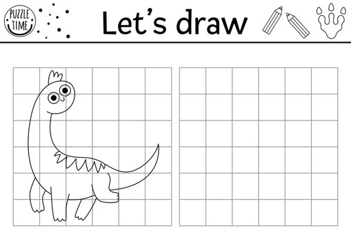 Draw the dinosaur. Vector prehistoric drawing practice worksheet with ancient animal. Printable black and white activity for kids. Copy or complete the picture coloring page with brachiosaur