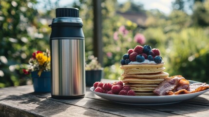 Delicious pancake stack with berries and a thermos in a beautiful garden setting.