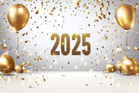 A festive setup featuring golden balloons and confetti, highlighting the year 2025, Perfect for New Year's celebrations, party invitations, or promotional materials for events welcoming the new year,