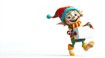 Whimsical Elf Joy: A charming elf with bright eyes and a cheeky grin, dressed in colorful winter clothes, standing sideways with one foot playfully lifted, cradling a white box with both hands.