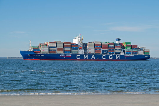 Panamax class container ship CMA CGM Fort James sails out of Charleston Harbor, SC, USA on November 26, 2024.