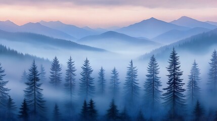Obraz premium Serene Misty Mountains And Evergreens At Dawn