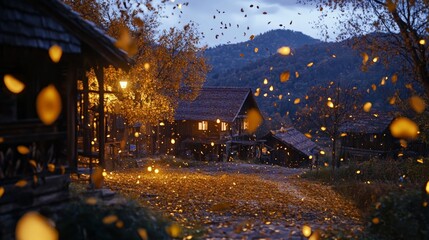A tranquil evening in a cozy village aglow with golden lights and falling leaves under a serene twilight sky.