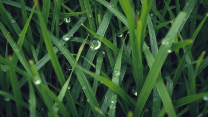 Lush green grass with dew drops, close-up, foliage, texture