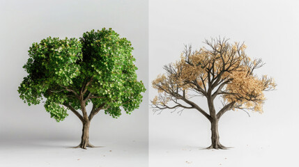 comparison of two trees on a white background, one with healthy green foliage, the second dry sprinkled with poor health, the concept of prosperity and poverty