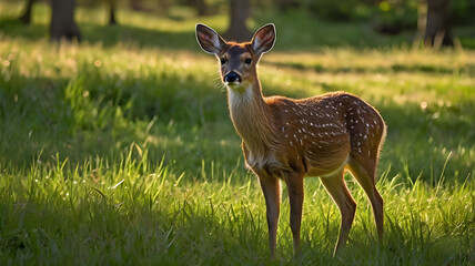 a water deer standing gracefully on lush green grass that reaches up to its knees. aI